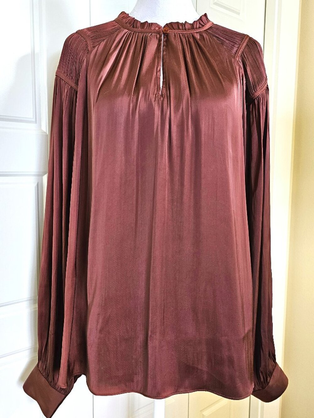 Rachel Zoe XL Rust Copper Satin Pleated Shoulder Blouse